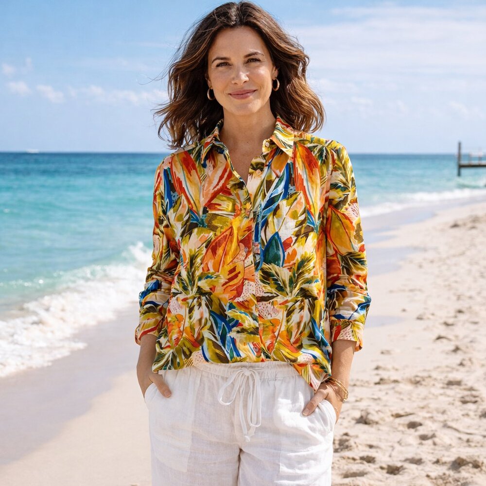 Investments Womens M Stretch Linen Blend Woven Palm Beach Button Up Long Sleeve